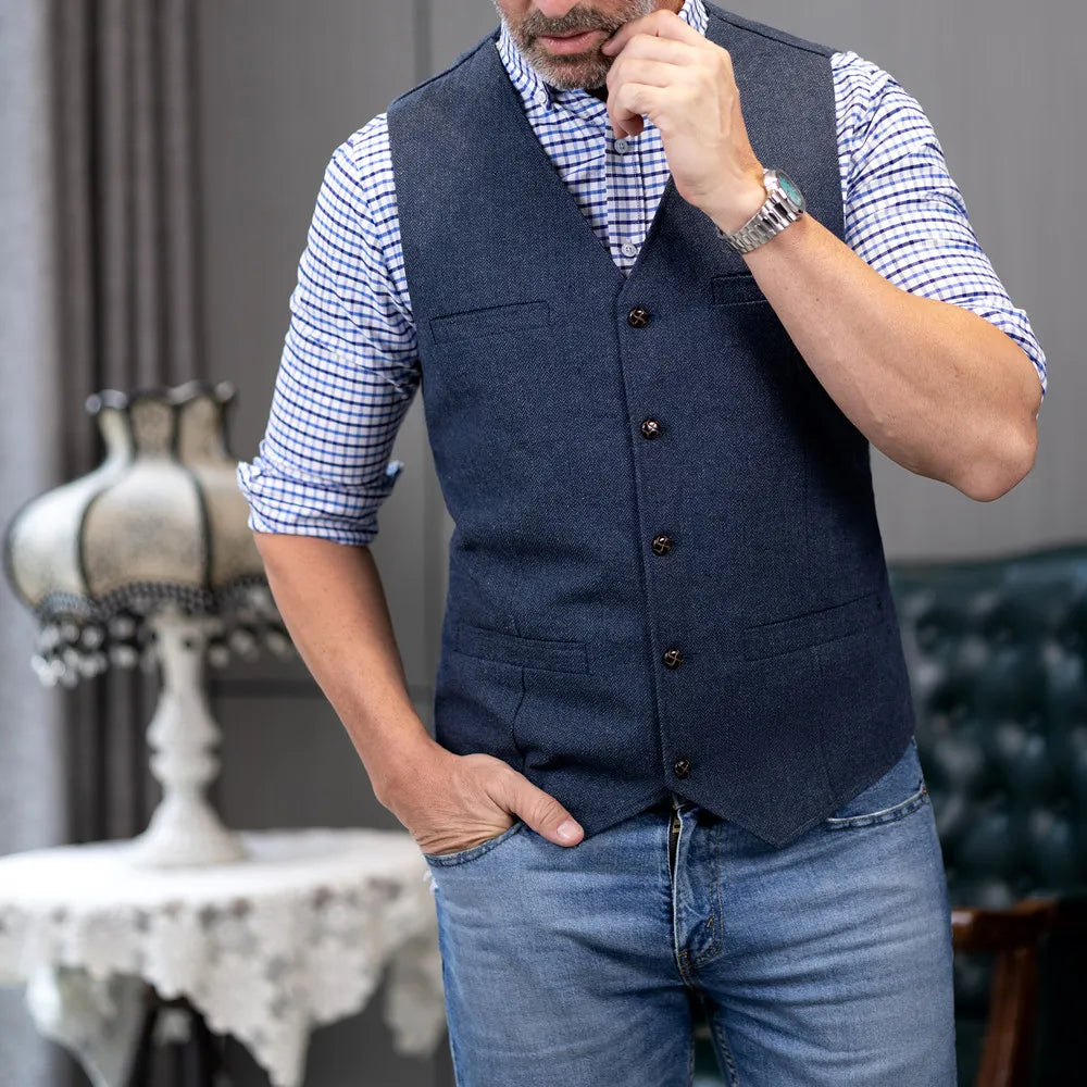 V Neck Men's Suits Vest Casual Classic Formal Business Herringbone Tweed Slim Fit Waistcoat For Wedding Groomsmen